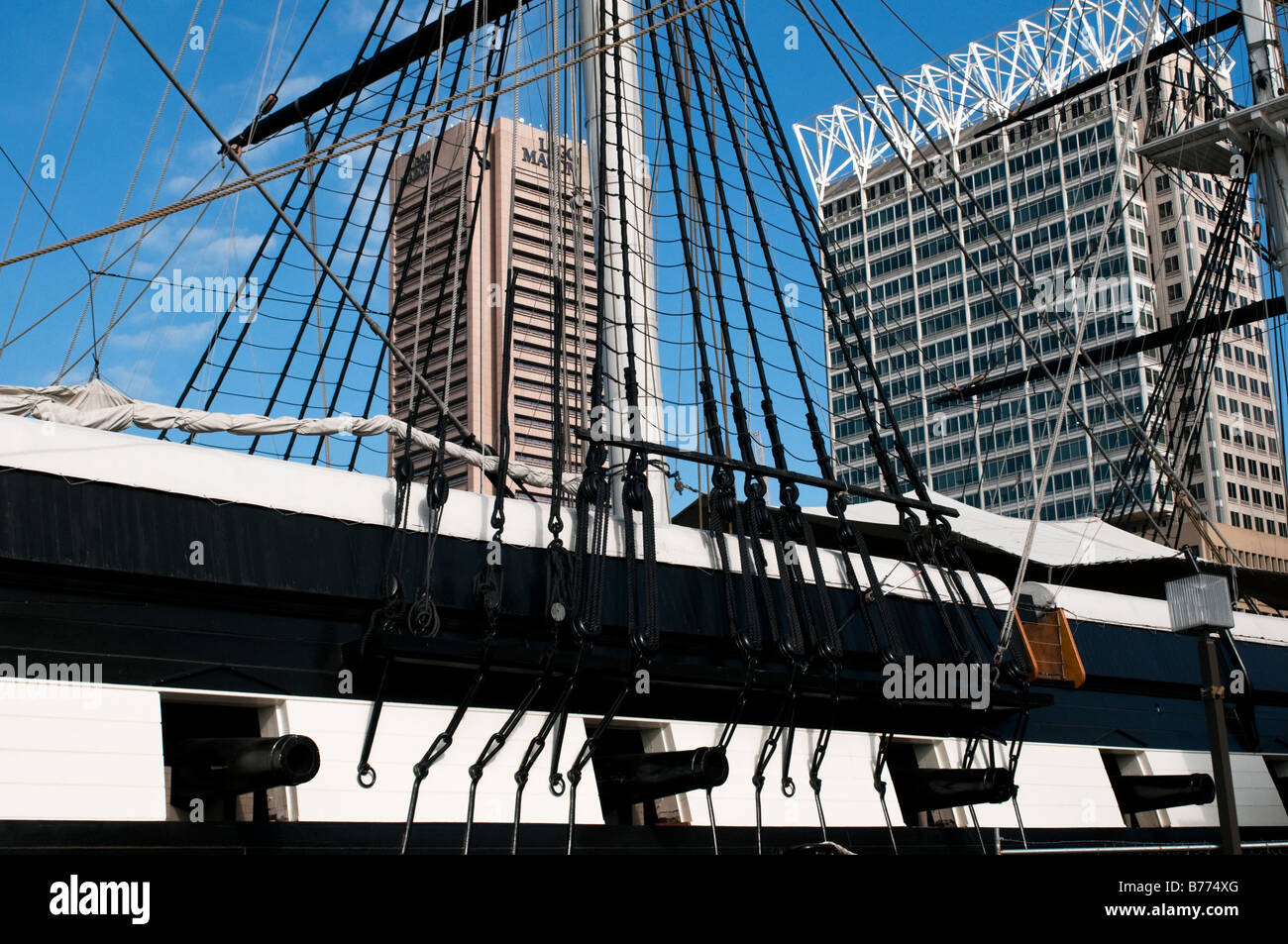 A detailed view of the USS Constellation with cannons at Baltimore Maryland's Inner Harbor Stock Photo