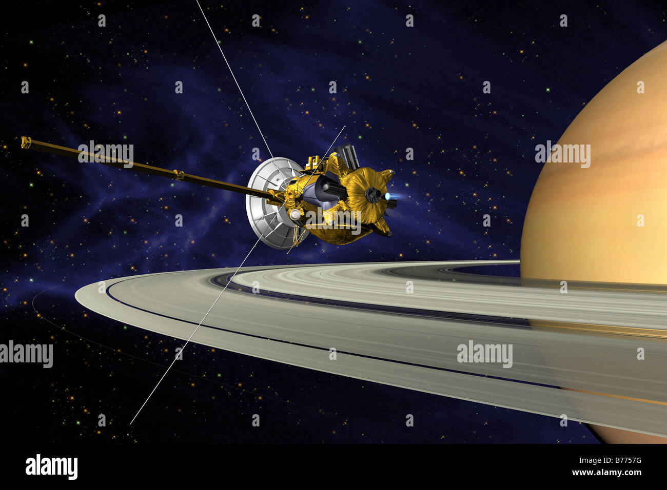 Artists concept of Cassini during the Saturn Orbit Insertion maneuver. Stock Photo