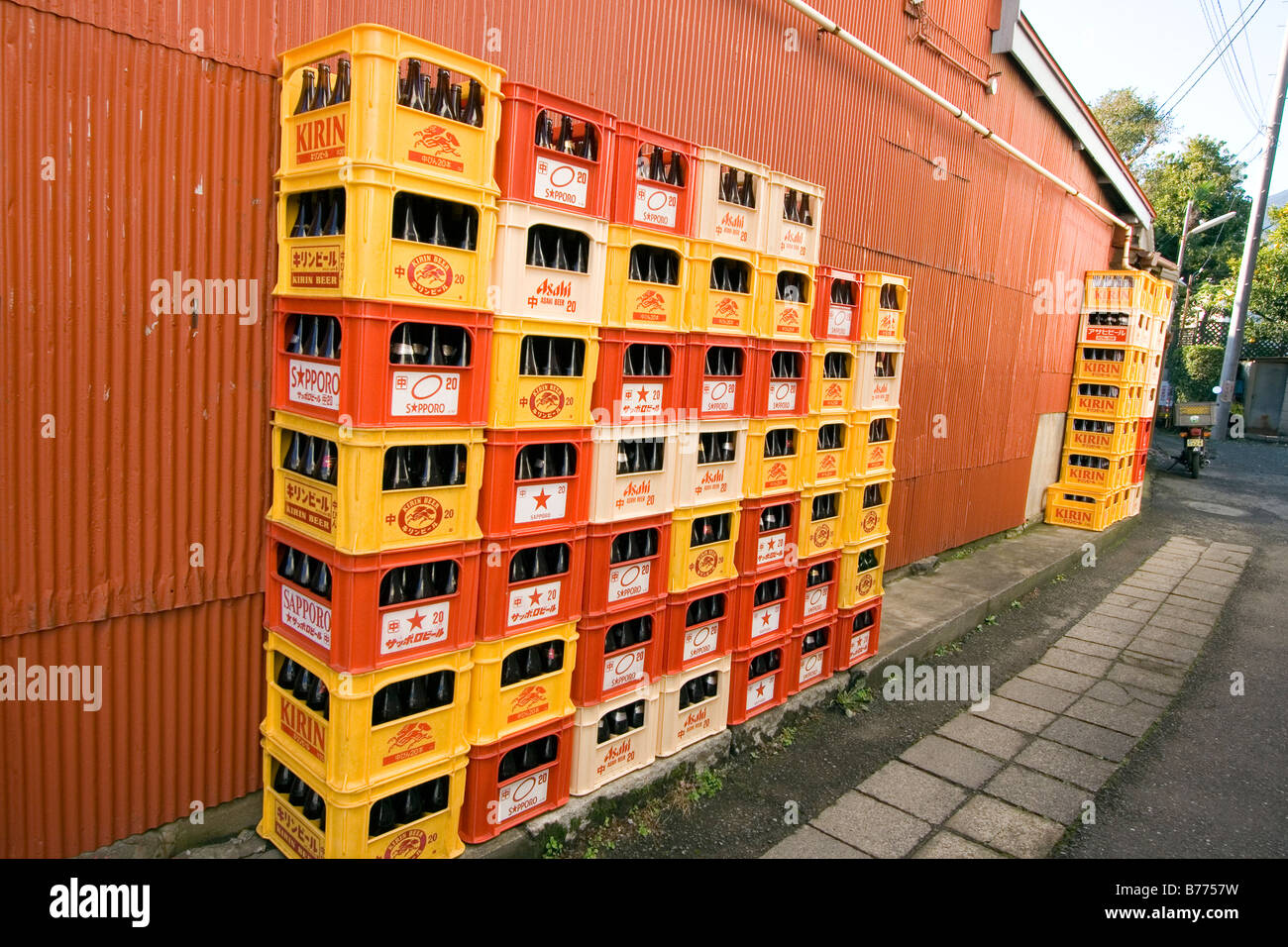 Japanese beer plastic crates Stock Photo