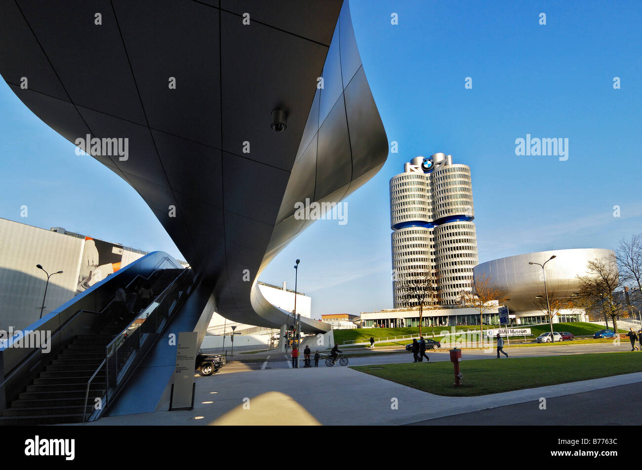 BMW Headquarters, cylindric building, museum and bridge to the BMW World, BMW-Welt, distribution and discovery centers, Munich, Stock Photo