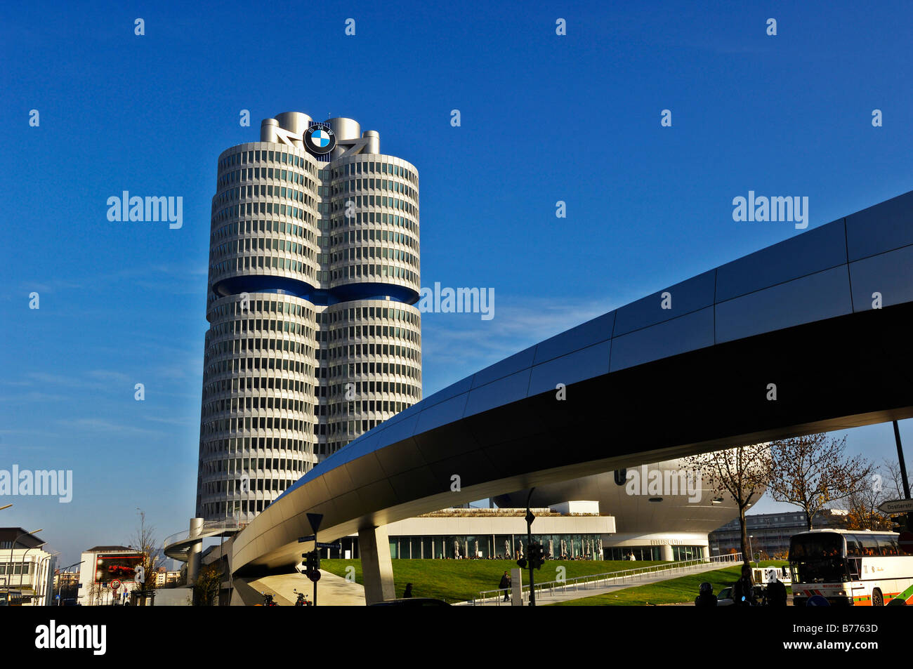 BMW Headquarters, cylindric building, with bridge to the BMW World, BMW ...
