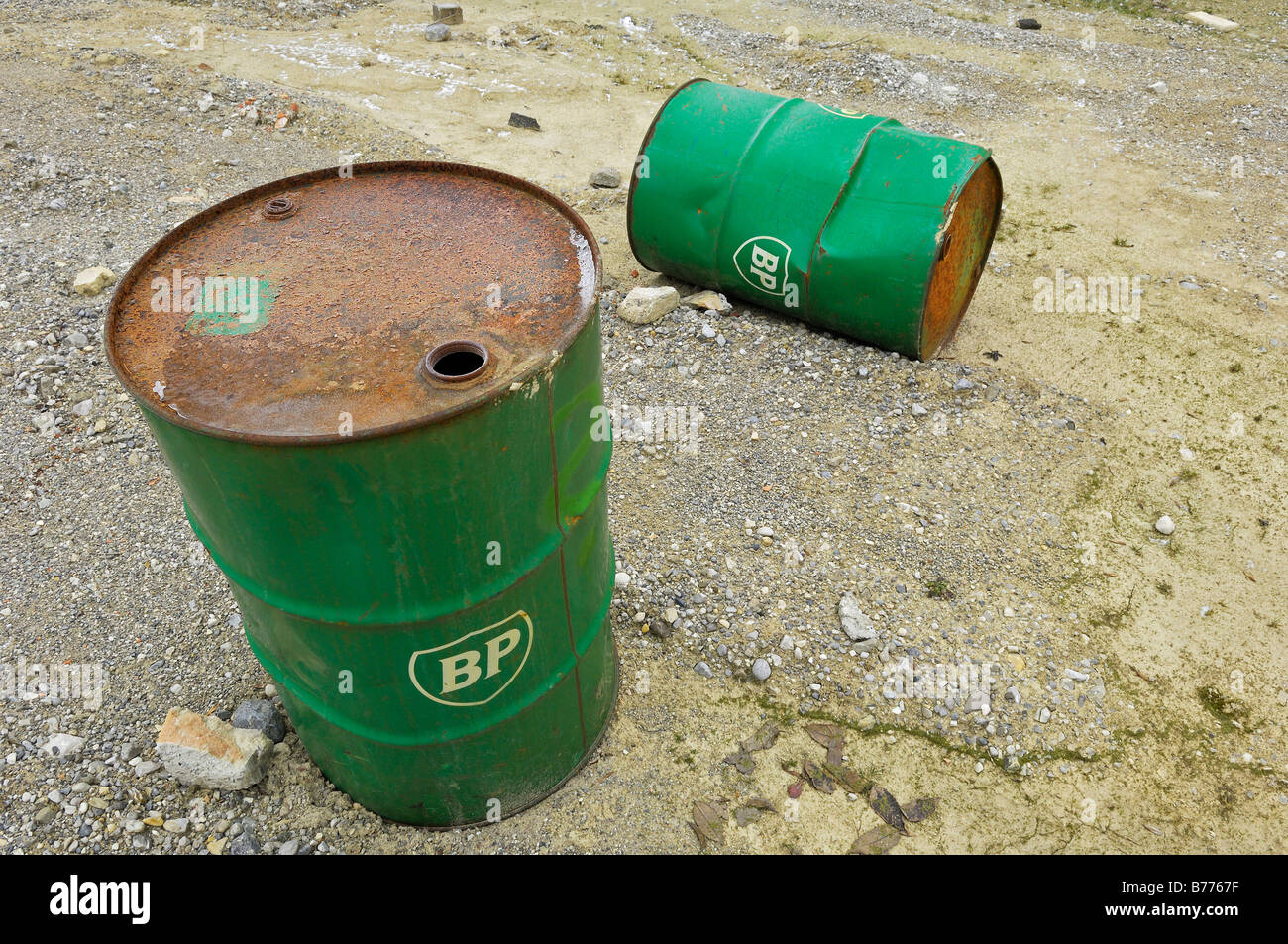 Old BP petrol barrels, Bavaria, Germany, Europe Stock Photo