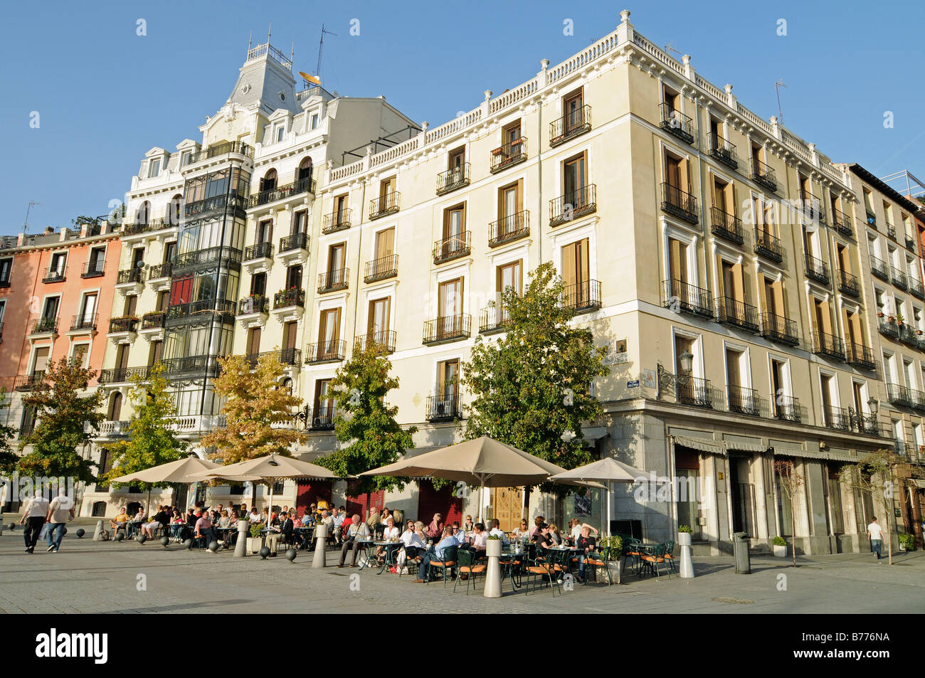Street cafe, street restaurant, people, Plaza de Oriente, Madrid, Spain, Europe Stock Photo