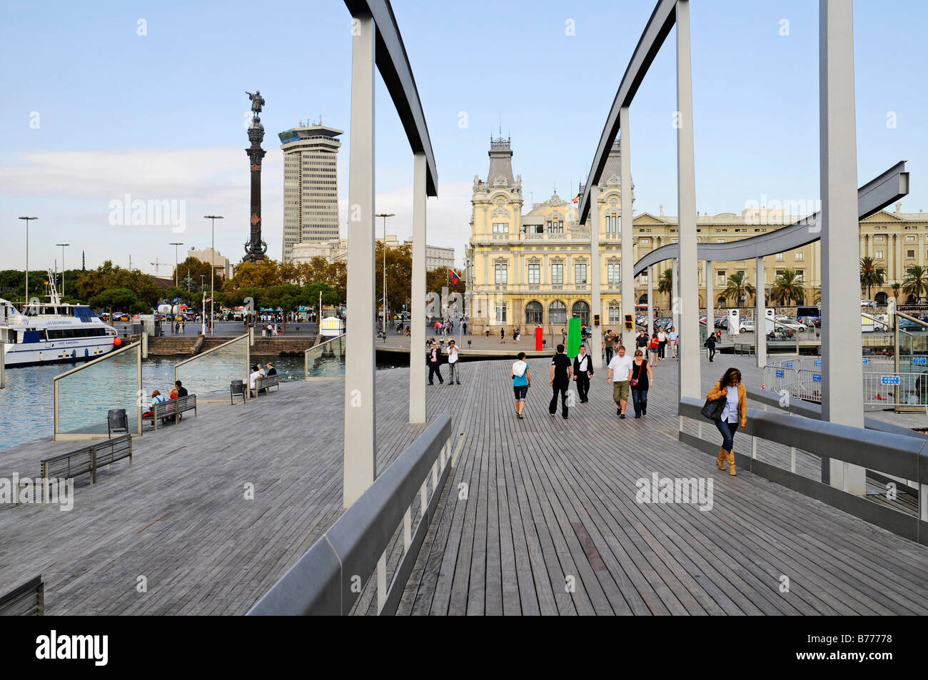 People on a bridge, port authority, Rambla de Mar, Port Vell, Moll de Espana, Barcelona, Catalonia, Spain, Europe Stock Photo