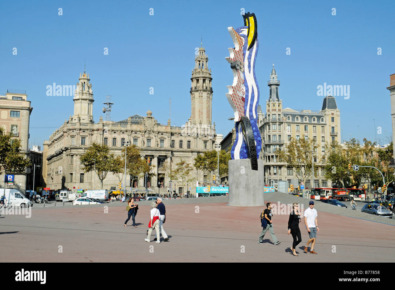 Pedestrians, Pop Art statue by artist Roy Liechtenstein, Placa de Antoni Lopez, Post Office, Moll de la Fusta, Port Vell, Barce Stock Photo