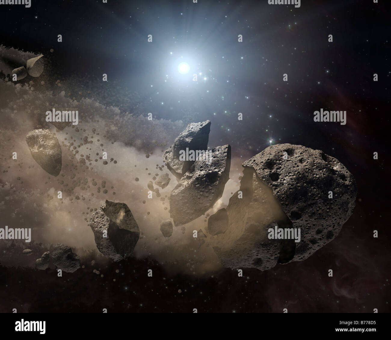 This artist's concept illustrates a dead star, or white dwarf, surrounded by the bits and pieces of a disintegrating asteroid. Stock Photo