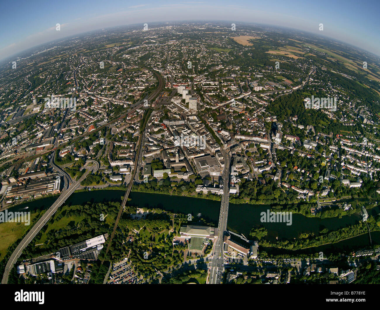 Aerial view, Schlossbruecke Bridge, Ruhrbruecken Bridges, Ruhrpromenade, Ruhr River, town centre, Broich, Muehlheim, Ruhr Area, Stock Photo