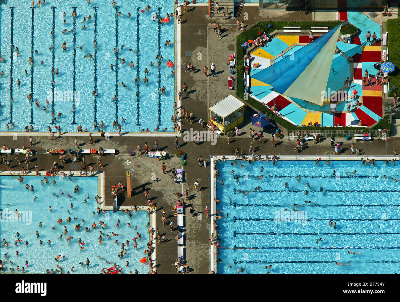 Aerial view, Freibad Berge, open air pool, during record attendance, Hamm, Ruhr Area, North Rhine-Westphalia, Germany, Europe Stock Photo