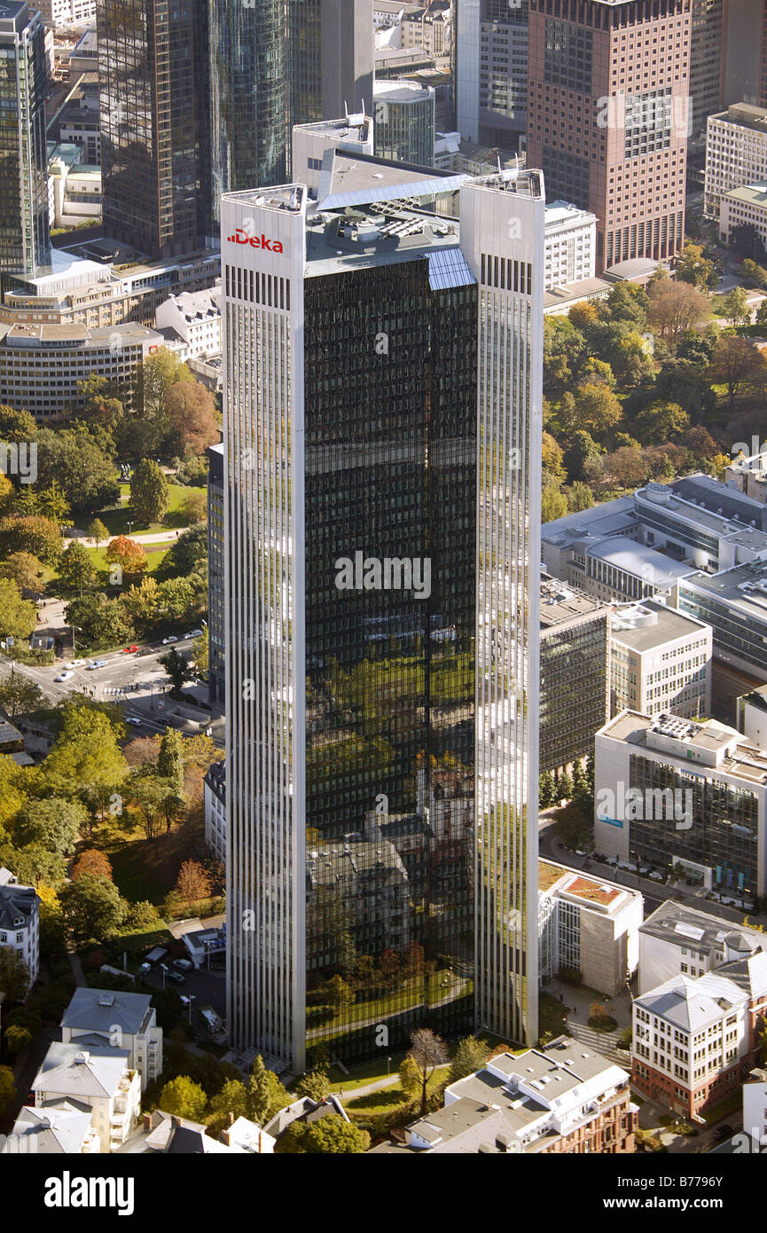 Aerial view, Deka Bank, skyscrapers, Financial District, City, skyline, Frankfurt am Main, Hesse, Germany, Europe Stock Photo