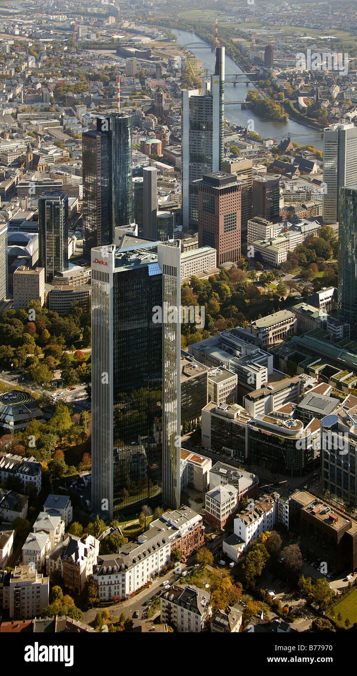 Aerial view, Deka Bank, skyscrapers, Financial District, City, skyline, Frankfurt am Main, Hesse, Germany, Europe Stock Photo