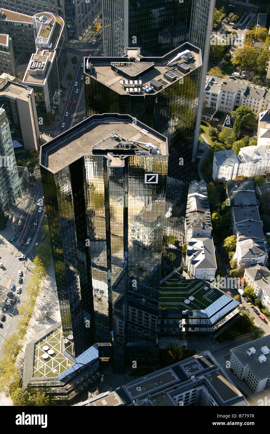 Aerial view, Deutsche Bank, Commerzbank, Deka Bank, skyscrapers, Financial District, Frankfurt am Main, Hesse, Germany, Europe Stock Photo