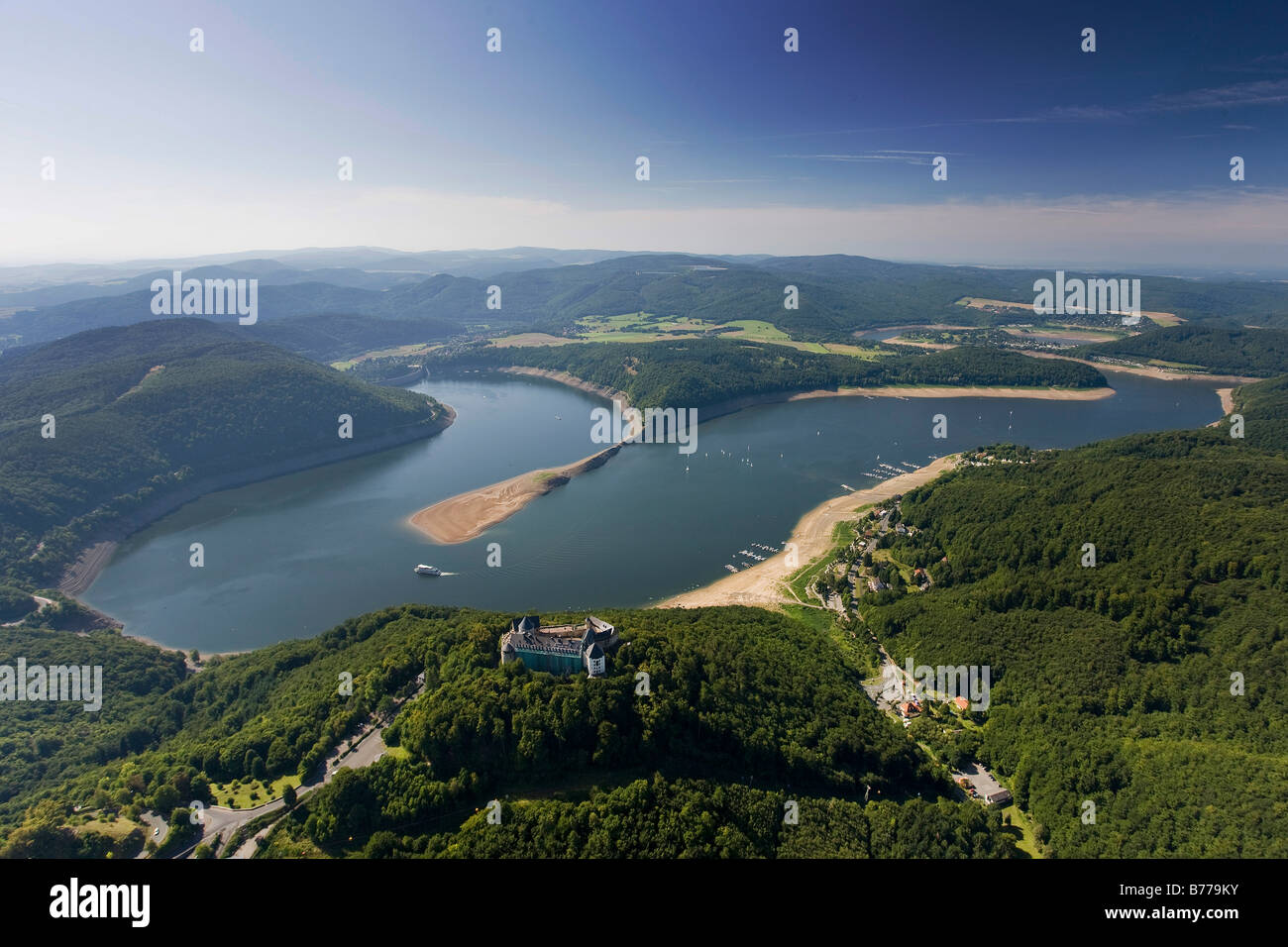 Aerial photograph, Waldeck castle, Edersee lake, reduced to less than a quarter of its normal volume of water, city of Korbach, Stock Photo