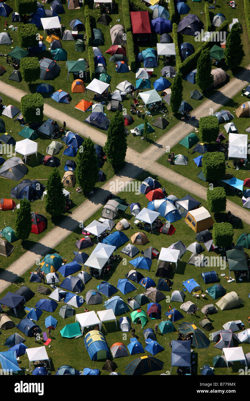 Aerial view, tents, crossing footpaths, Rock Hard Festival, Nordsternpark, Gelsenkirchen, Ruhr Area, North Rhine-Westphalia, Ge Stock Photo