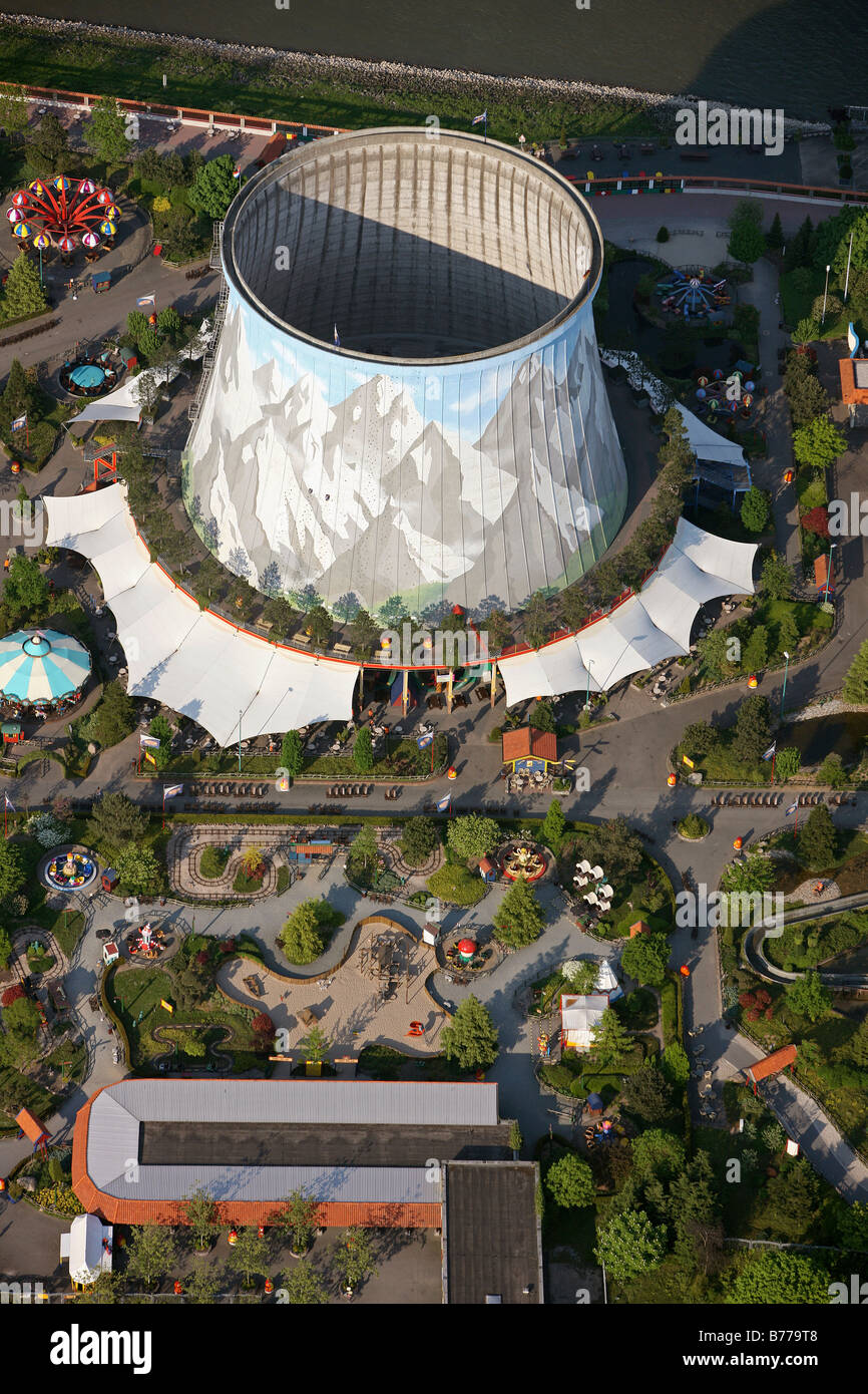 Aerial photograph, cooling tower, nuclear power station, fast breeder reactor, Nuclear Water Wonderland amusement park, Kalkar, Stock Photo