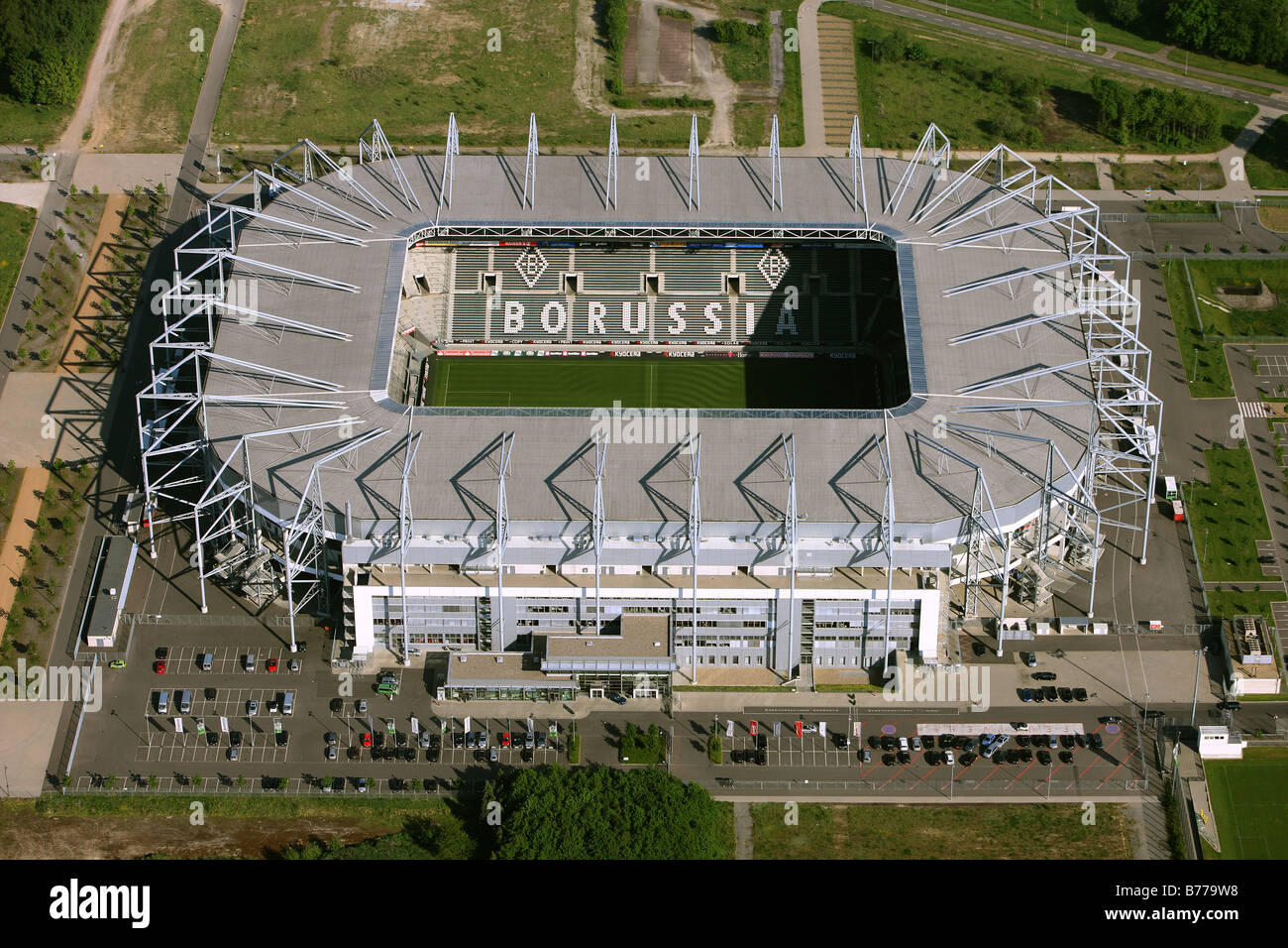 Aerial photograph, Nordpark Borussia Moenchengladbach stadium, Moenchengladbach, Niederrhein, North Rhine-Westphalia, Germany,  Stock Photo