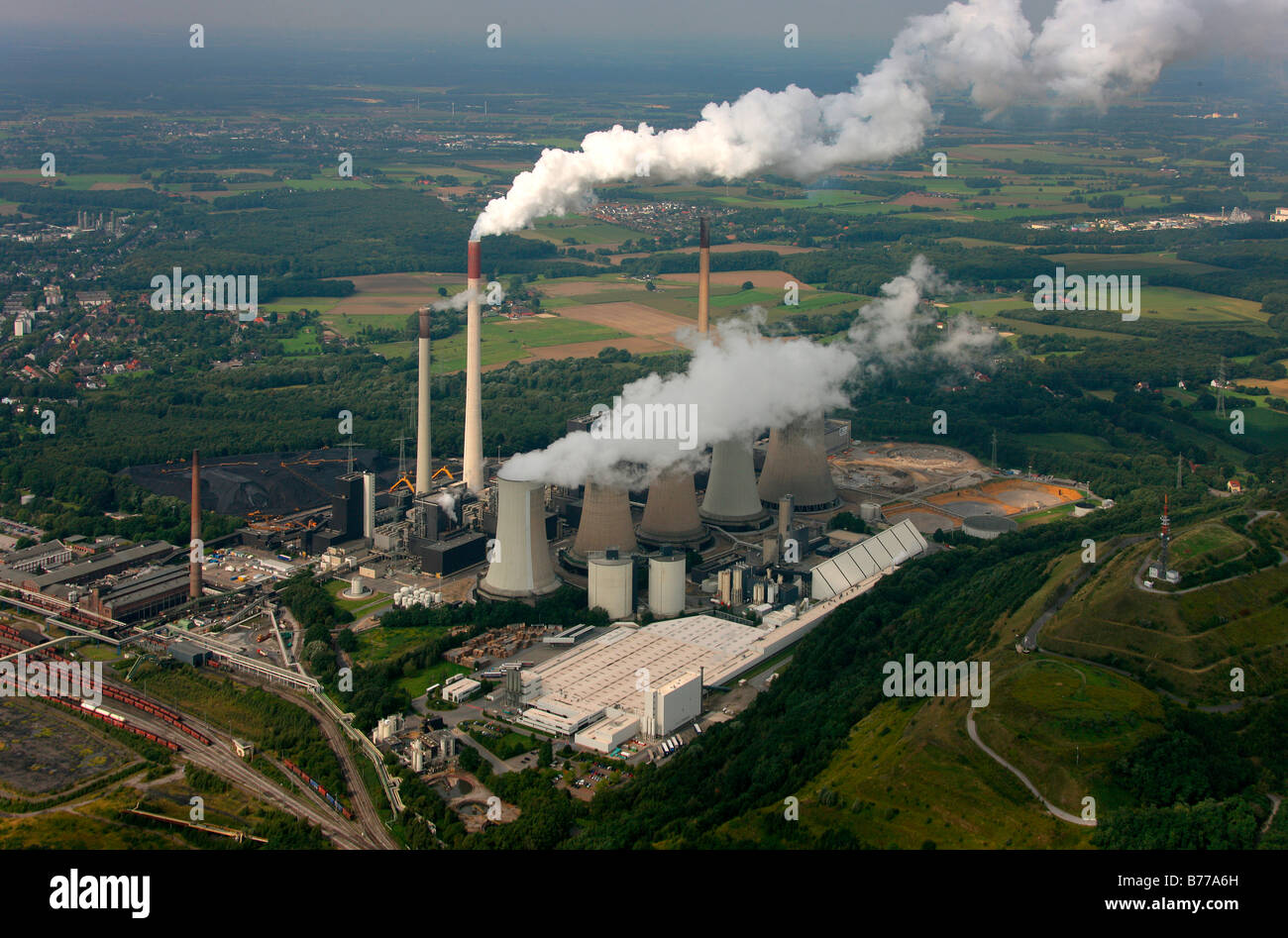 Aerial photograph, Kraftwerk Scholven, power plant with five cooling towers only, EON VEBA Kraftwerke Ruhr AG, air pollution, e Stock Photo