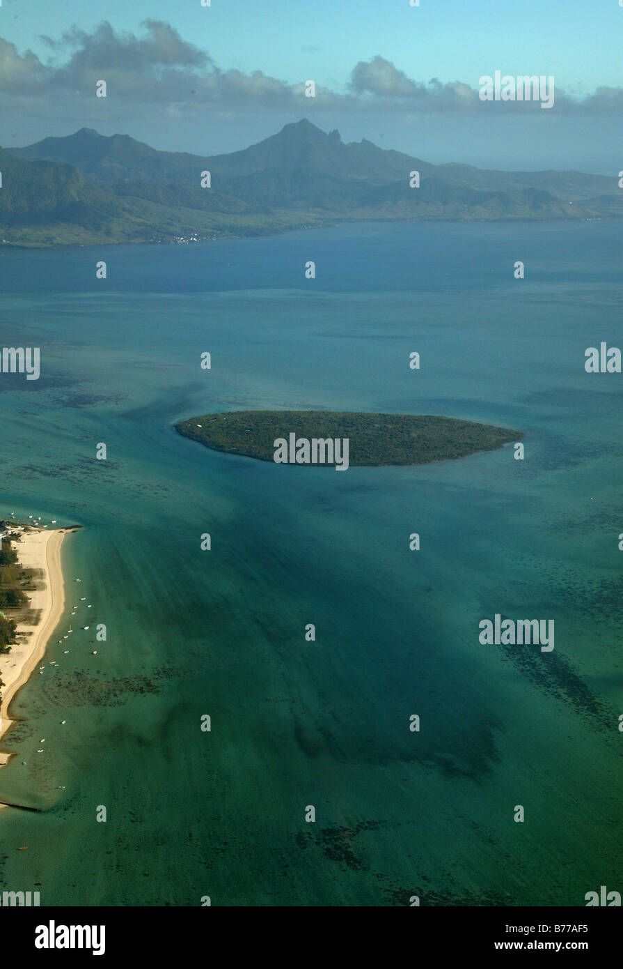 Aerial view, beach, turquoise water, coral island, mountains, Tamarin Bay, Mauritius, Indian Ocean Stock Photo
