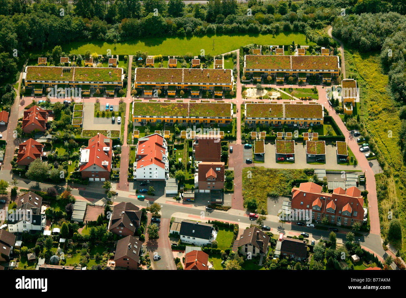 Aerial photograph, ecological housing on the Sandkuhle, Recklinghausen, Ruhr district, North Rhine-Westphalia, Germany, Europe Stock Photo