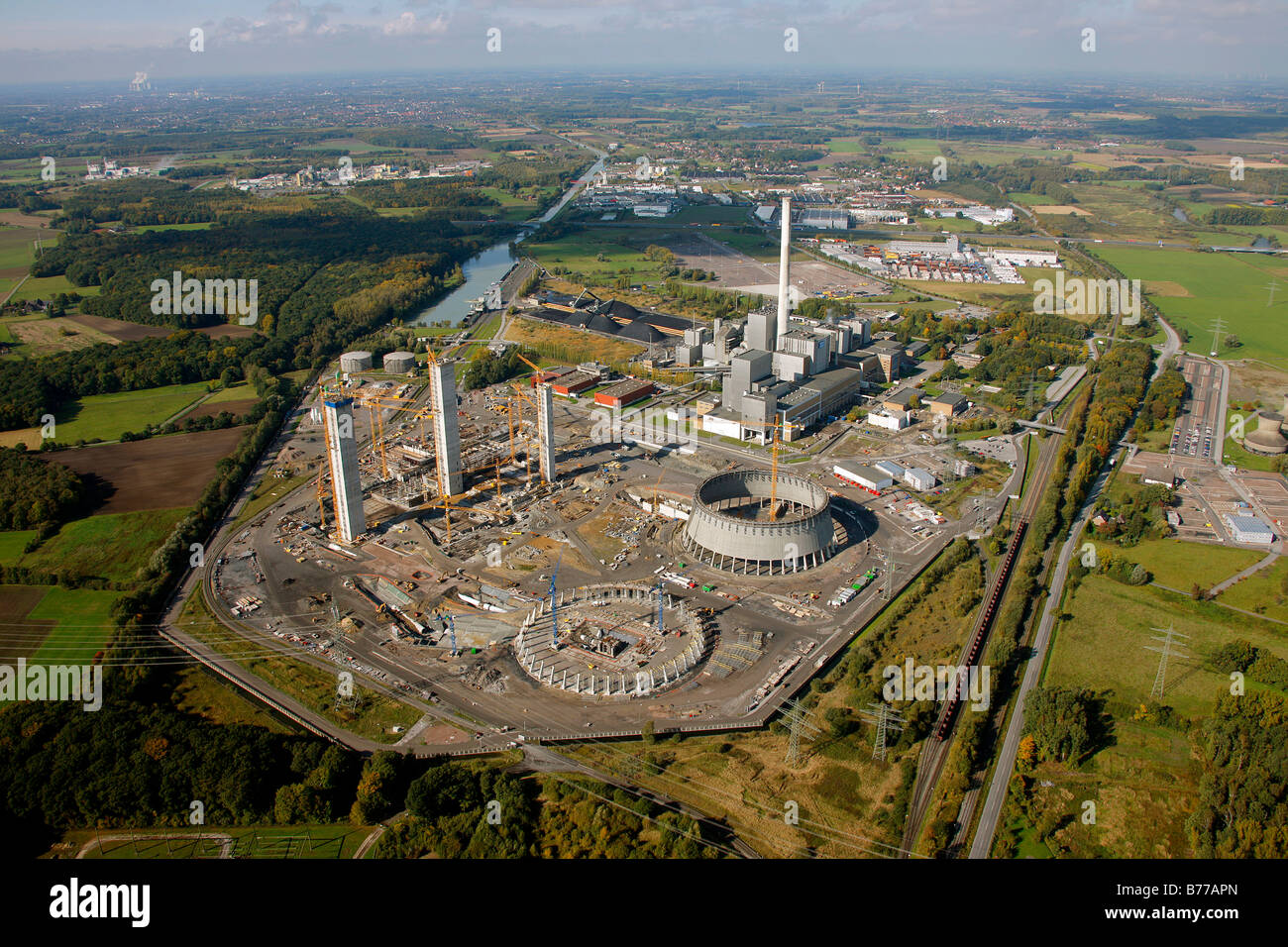 Aerial photograph, coal-fired power station, construction of Kraftwerk Westfalen power station, Uentrop, Hamm, Ruhr district, N Stock Photo