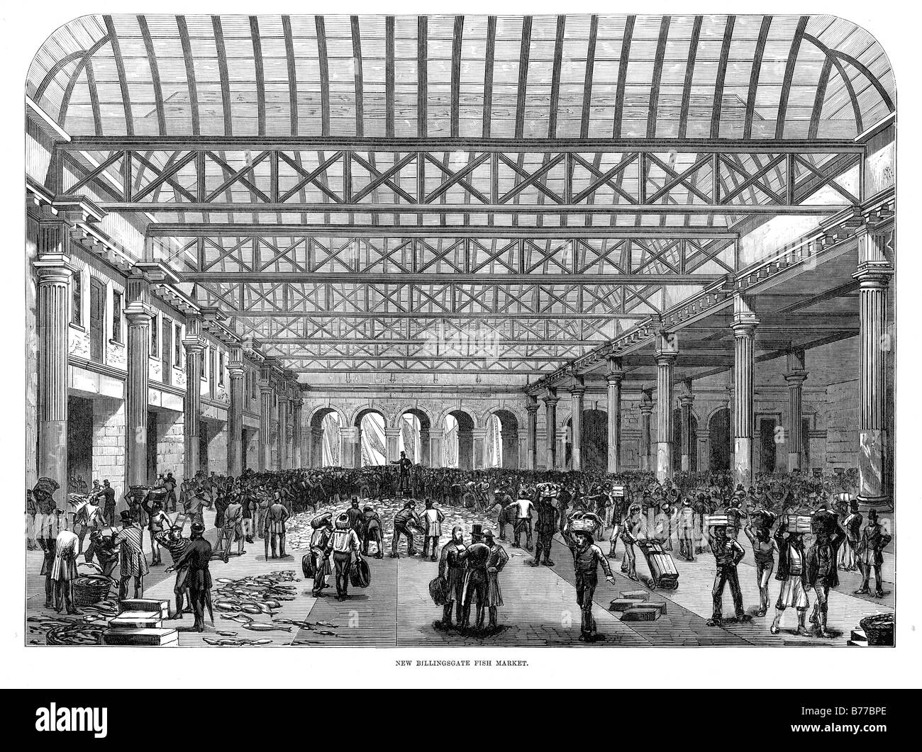 Inside The New Billingsgate Fish Market 1876 engraving of the new City of London food market on the banks of the River Thames in the Pool of London Stock Photo