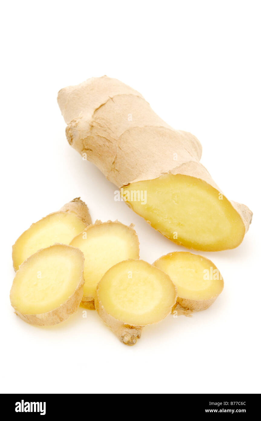 Ginger rhizome (Zingiberaceae), whole and sliced Stock Photo