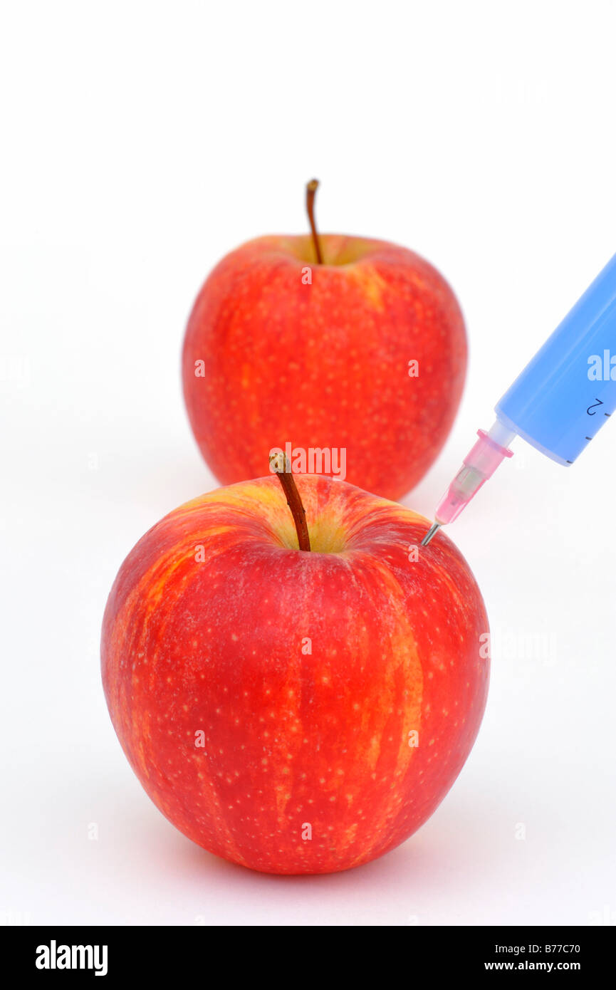 Apples with a syringe, genetic engineering Stock Photo