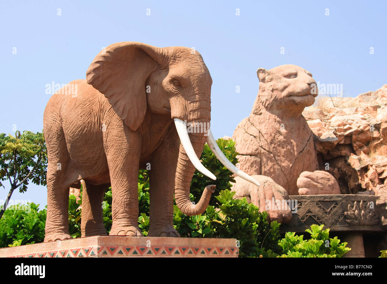 Elefant and Leopard on The Bridge of Time, bridge facing the Entertainment Centre, Sun City, South Africa, Africa Stock Photo