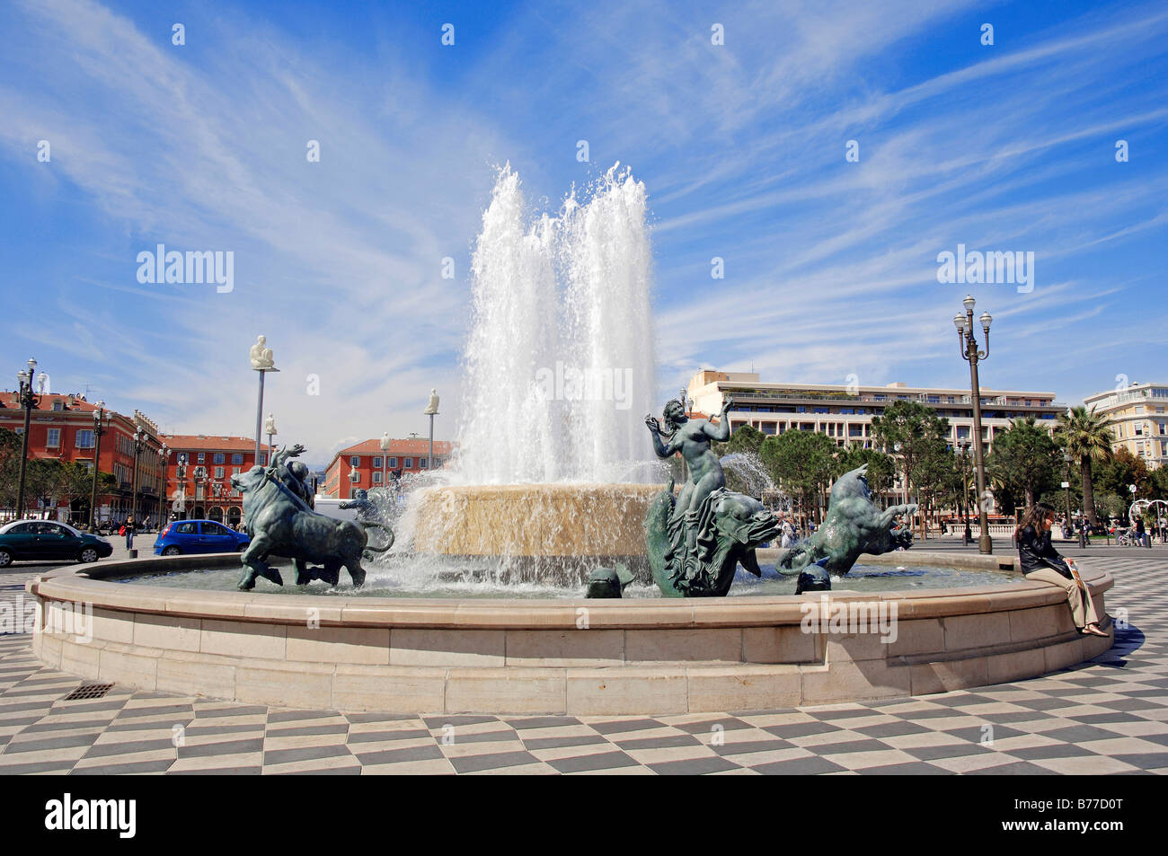 Fountain at Place Massena, Nice, Alpes-Maritimes, Provence-Alpes-Cote d'Azur, Southern France, France, Europe Stock Photo