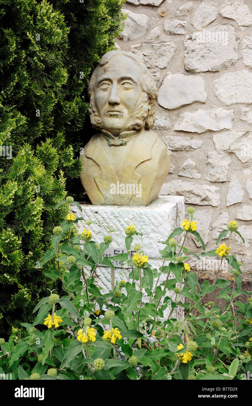 Bust of writer Eugene Sue, La Colle sur Loup, Alpes-Maritimes, Provence-Alpes-Cote d'Azur, Southern France, France, Europe, Fra Stock Photo