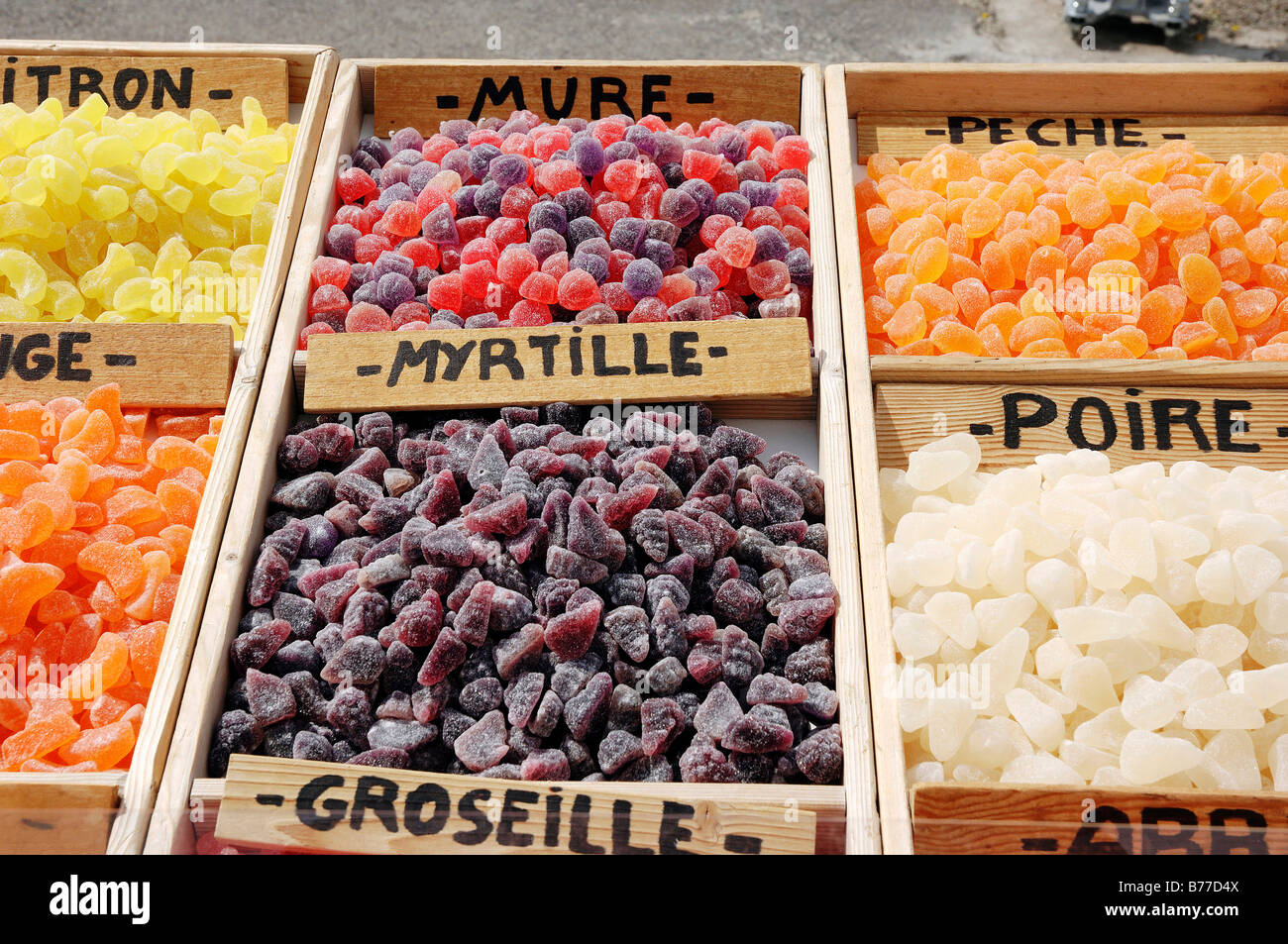 Market stall with different kinds of candy, Provence, Southern France, Europe Stock Photo