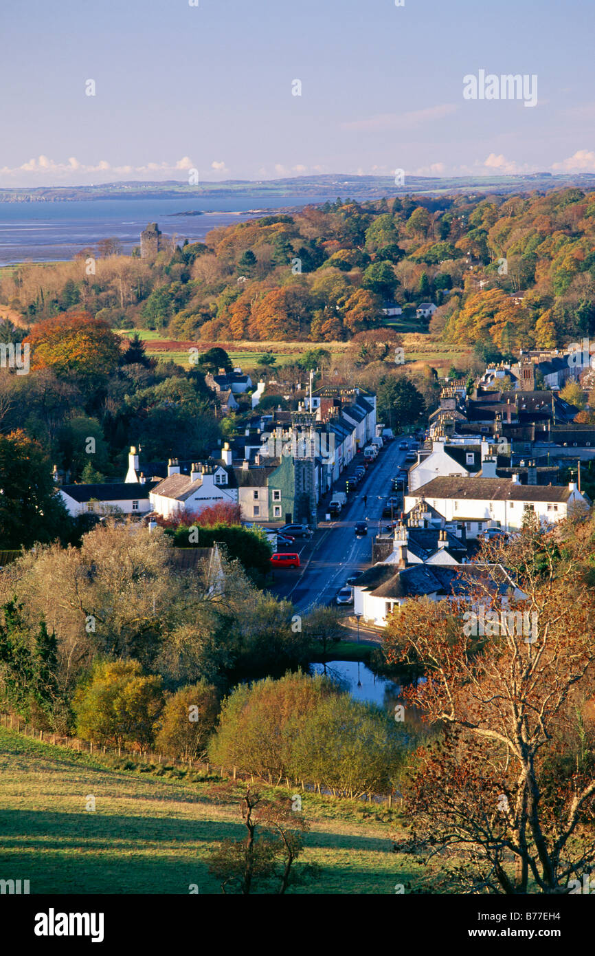 Autumn landscape looking down on the scenic town of Gatehouse of Fleet and out to Wigtown Bay Galloway Scotland UK Stock Photo