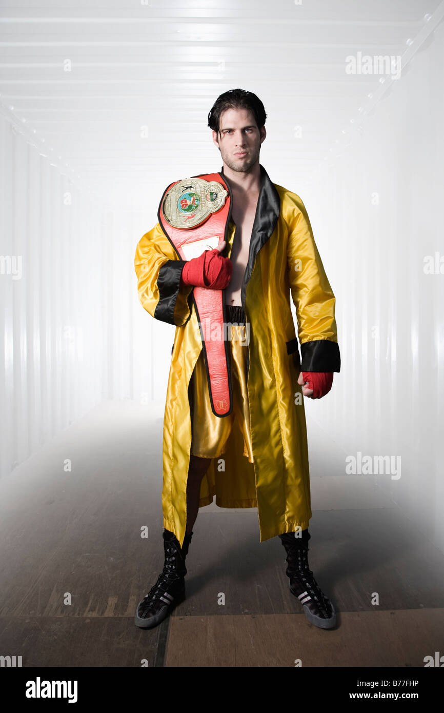Boxer robe posing championship belt Stock Photo Alamy