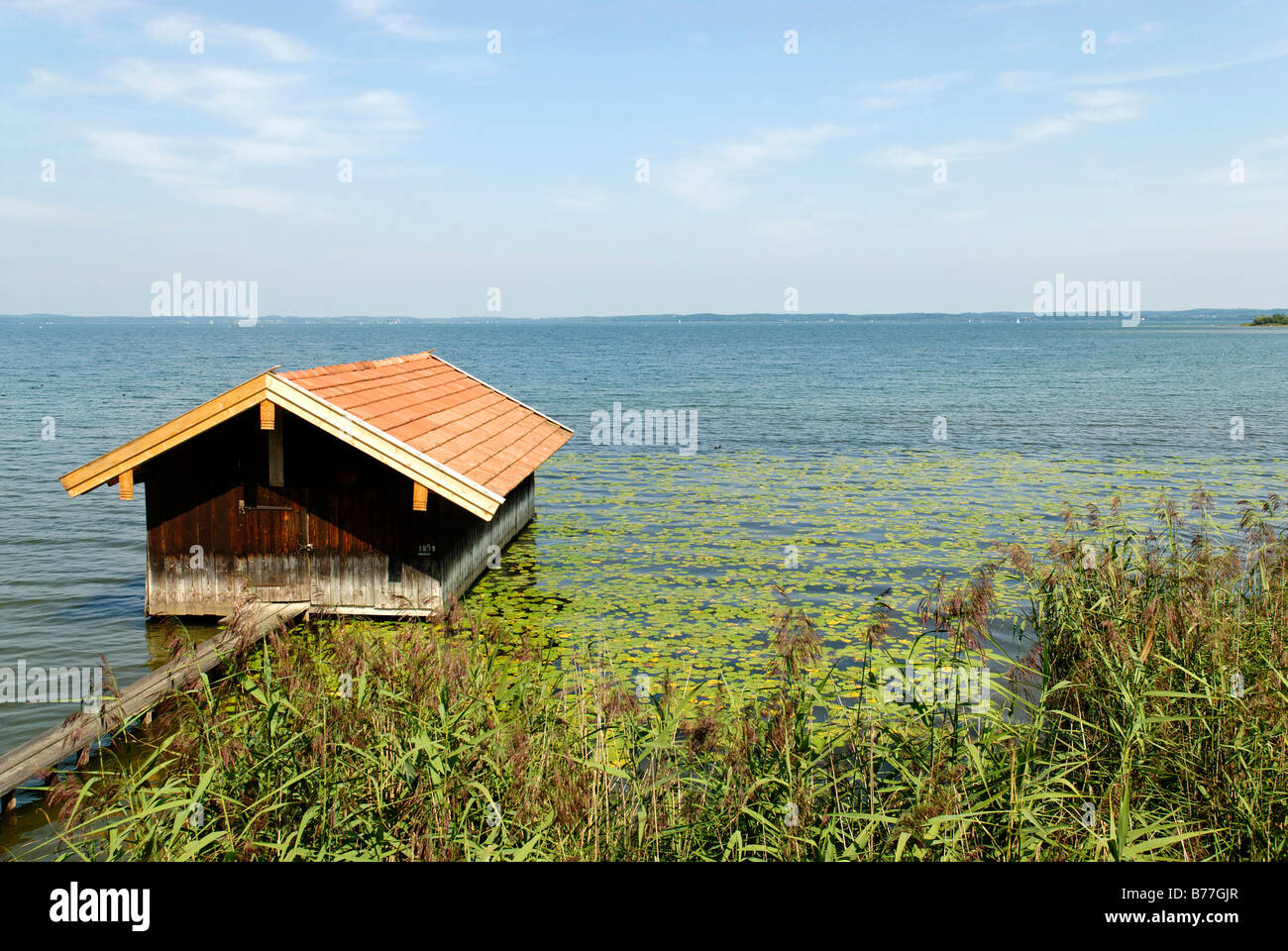 Research station Lachsgang in the delta of the river Tiroler Ache, Chiemsee, Chiemgau, Upper Bavaria, Germany, Europe Stock Photo