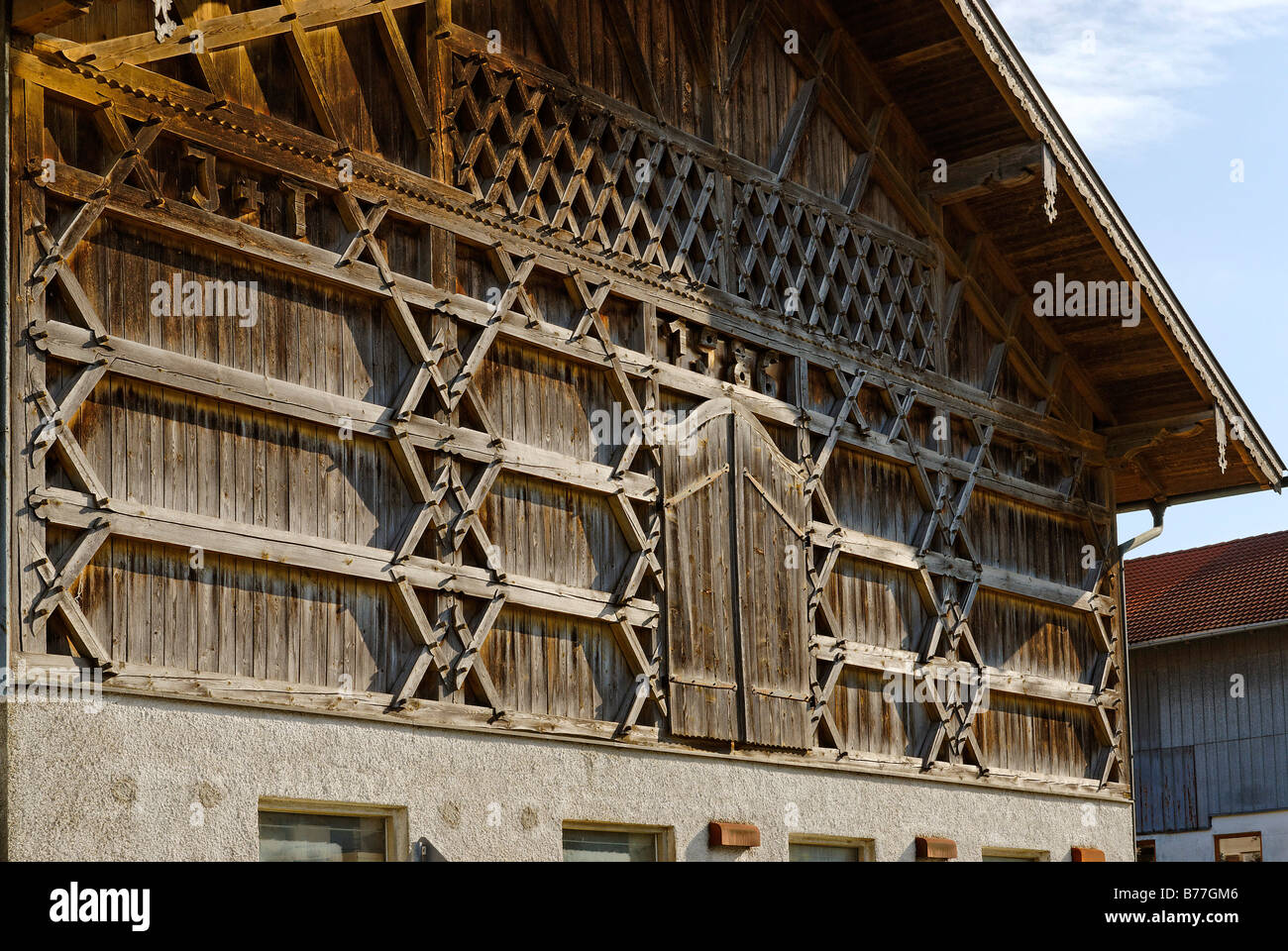 Timber framing on farm house in Grossbergham near Obing, Chiemgau, Upper Bavaria, Germany, Europe Stock Photo