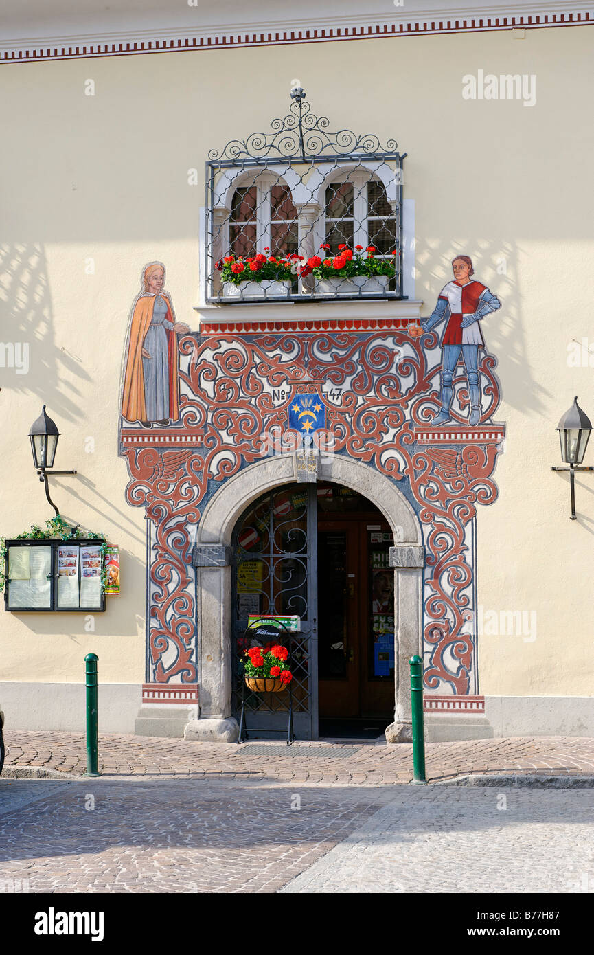 Entrance to the Gasthof Goldene Sonne, golden sun restaurant, Windischgarsten, Upper Austria, Austria, Europe Stock Photo