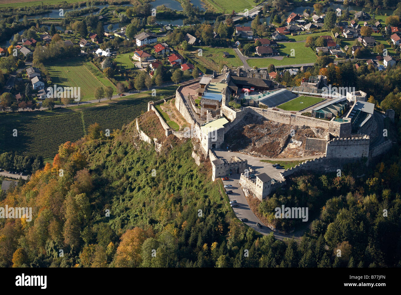 Landskron Fortress near Villach, aerial photograph, Carinthia, Austria, Europe Stock Photo