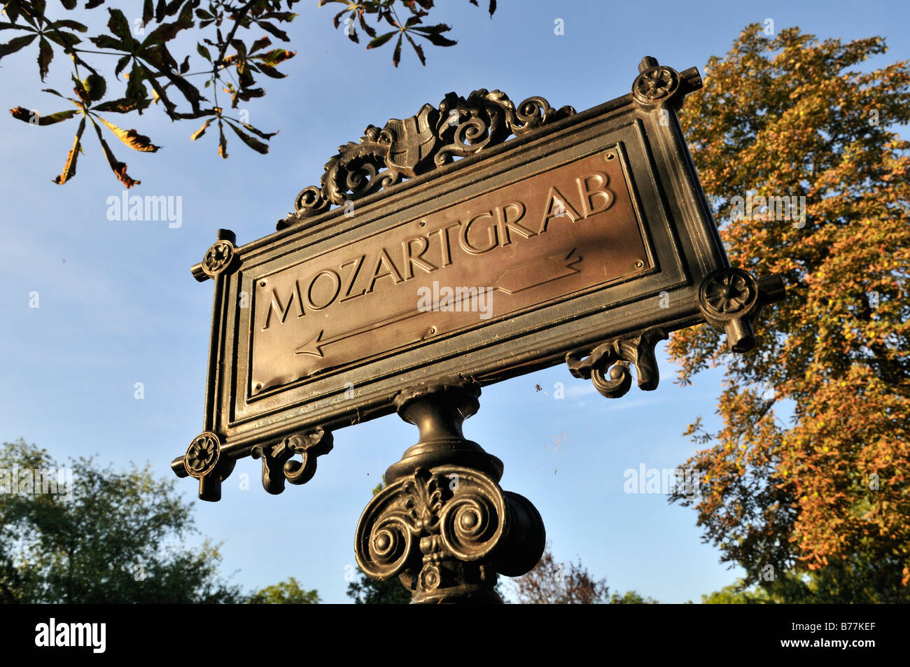 Guidepost to Mozart's grave at St. Marx Cemetery, Biedermeierfriedhof, Vienna, Austria, Europe Stock Photo