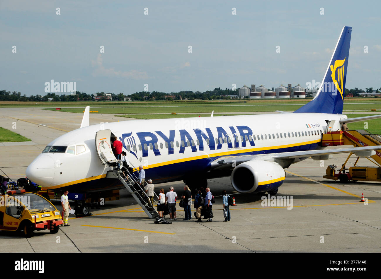 Aeroplane of the budget-flight-company Ryanair at Bratislava Airport, formerly known as Pressburg, Slovakia, Europe Stock Photo