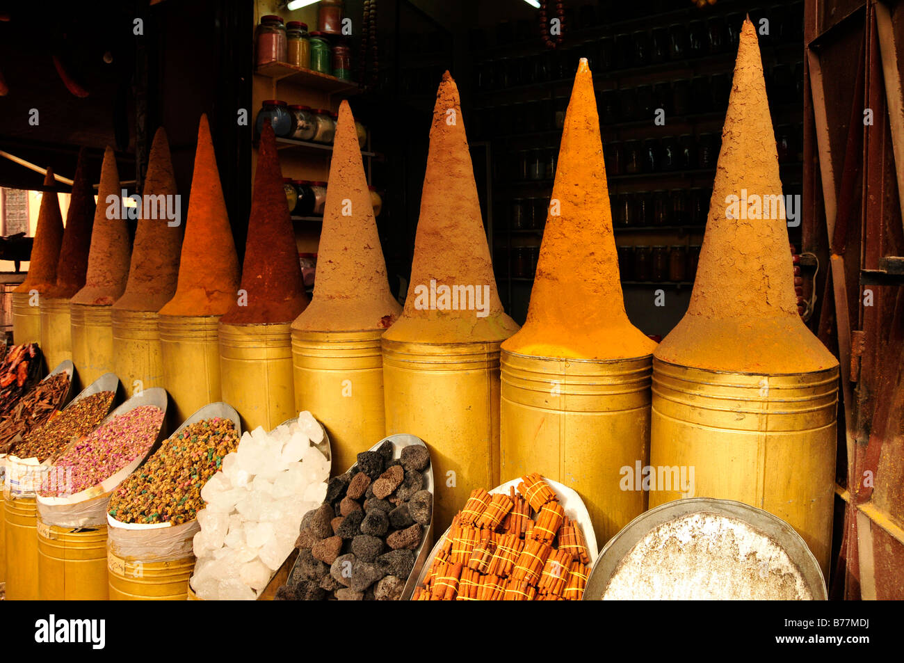 Piles of spices in the Souk, market, in the Medina, historic city centre of Marrakech, Morocco, Africa Stock Photo