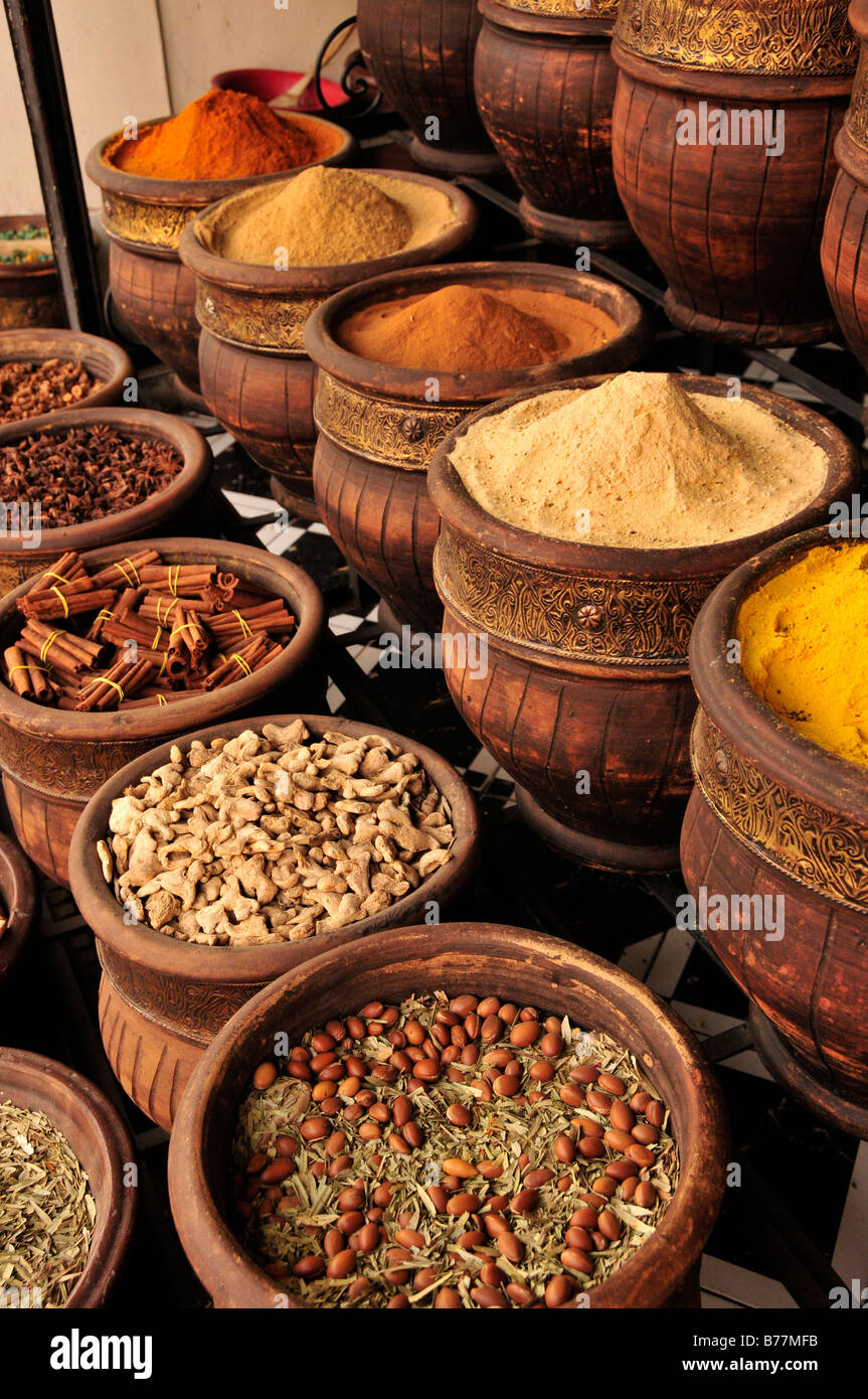 Spices in the Souk, market, in the Medina, historic city centre of Marrakech, Morocco, Africa Stock Photo
