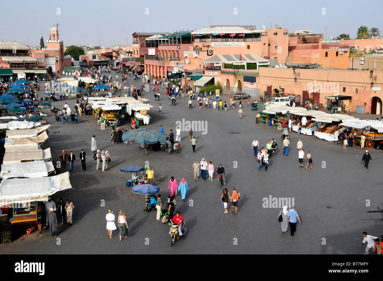 View from the terrace of the Café Glacier in the Place Djemma el-Fna, Square of the hanged, imposter square, Marrakech, Morocco Stock Photo