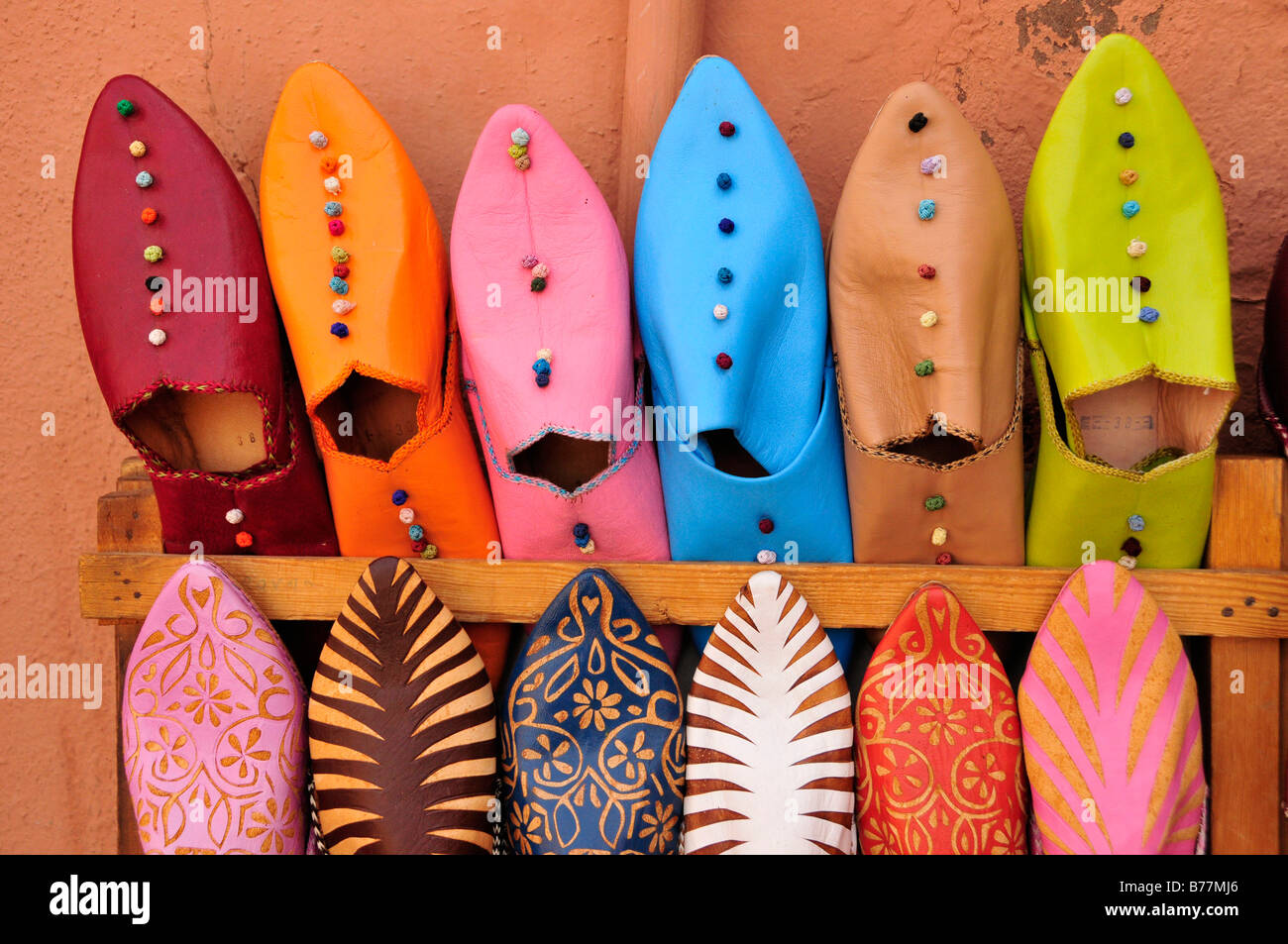 Typical Moroccan leather slippers in a shoe shop at the souk, market, in the medina quarter of Marrakesh, Morocco, Africa Stock Photo
