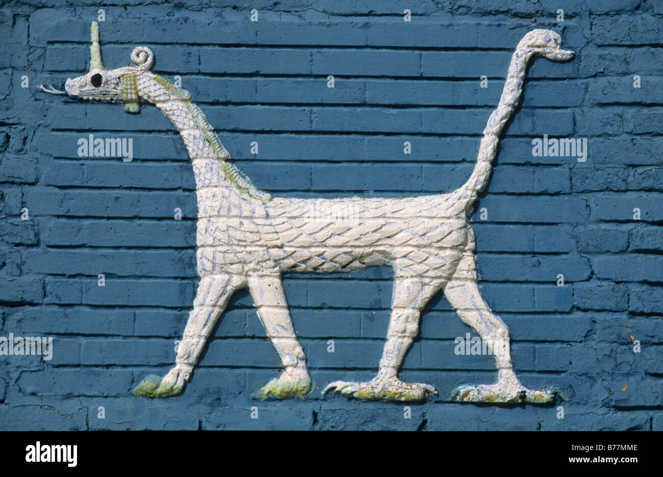 Brick relief of the snake-dragon Mushussu on the Ishtar-Gate of the Royal Palace of Nebuchadnezzar II, reconstruction, Babylon, Stock Photo