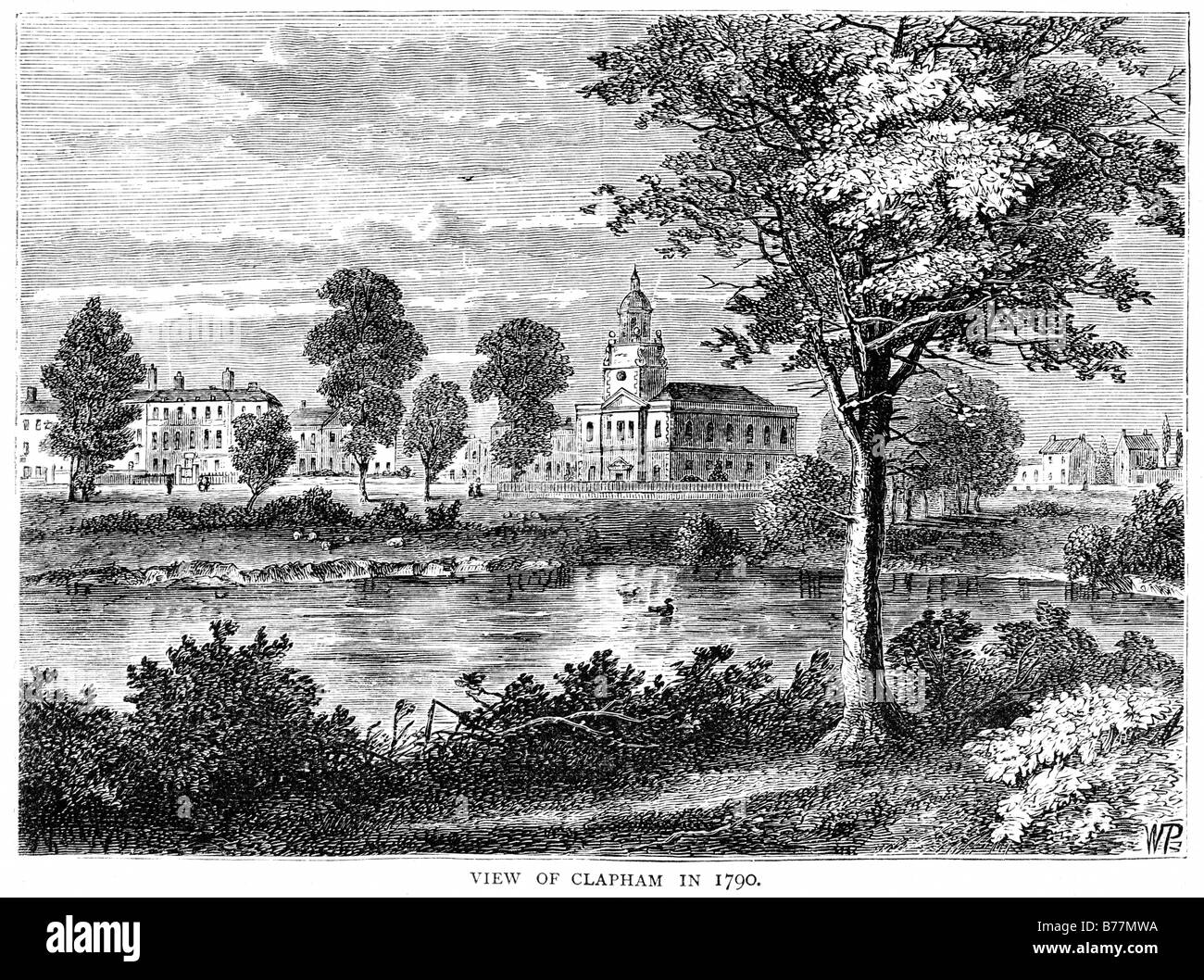 Clapham 1790 engraving of the South-West London suburb from across the common and pond Stock Photo