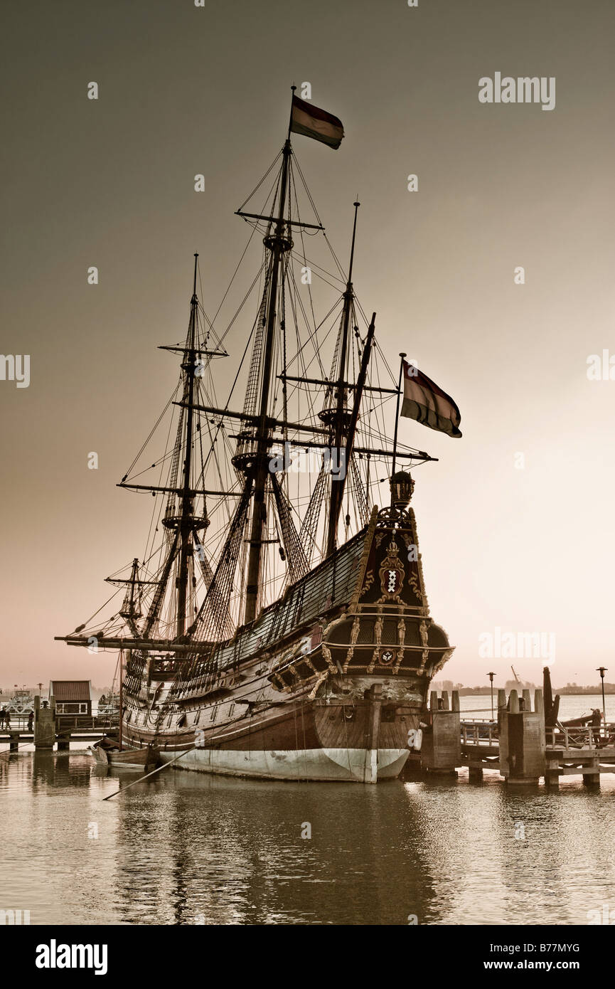 an old ship in the harbor at night Batavia Holland The Netherlands Stock Photo