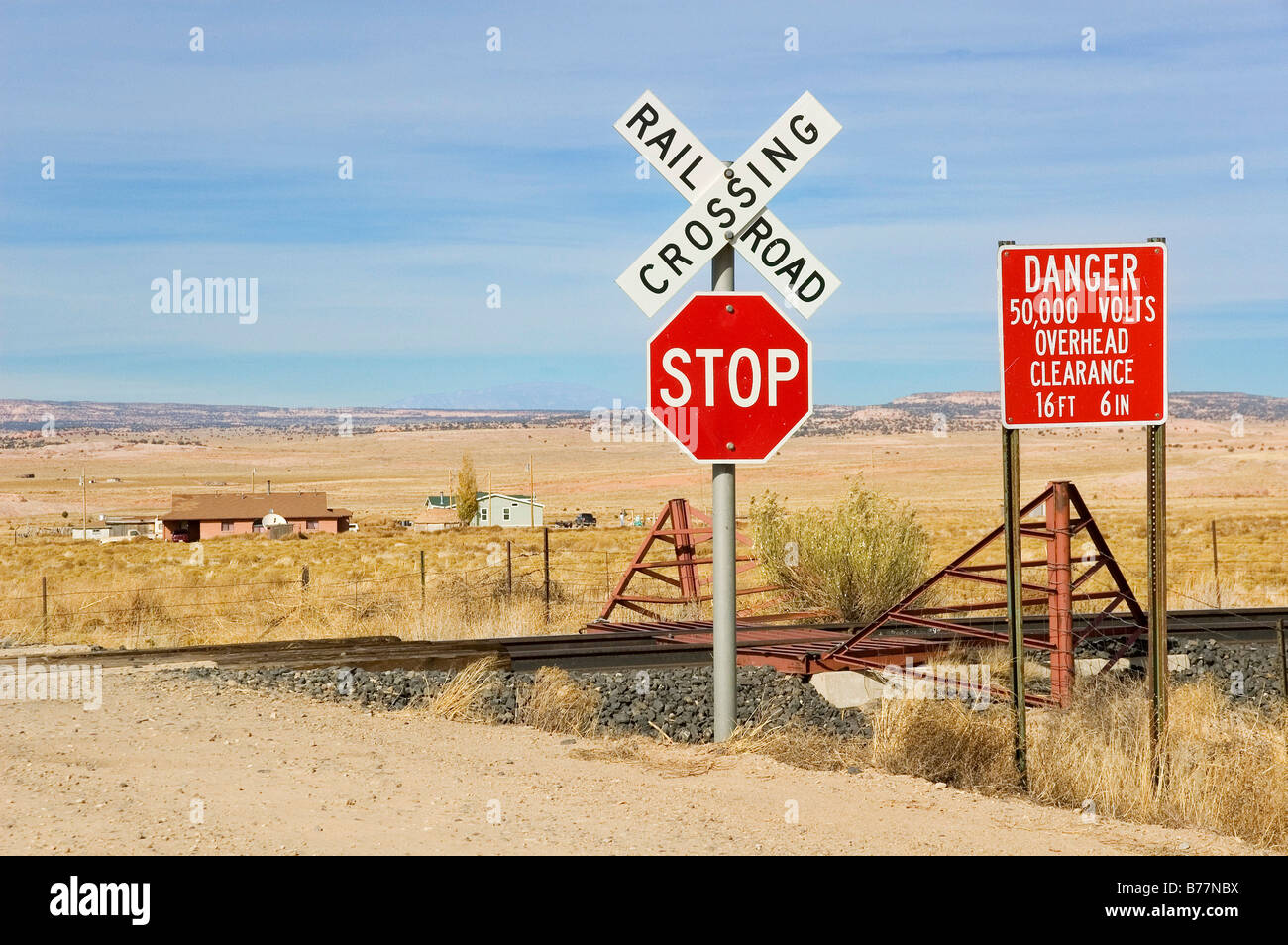 Signs at a railroad crossing in Arizona, USA Stock Photo