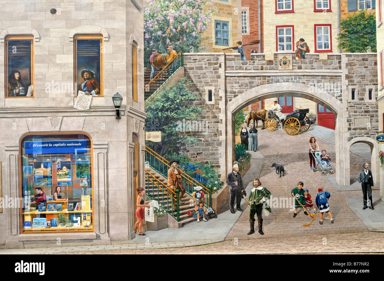 Excerpt from the picture cycle The Citizens of Quebec, Fresque des Quebecois, on Maison Soumande near the Place Royale, designe Stock Photo