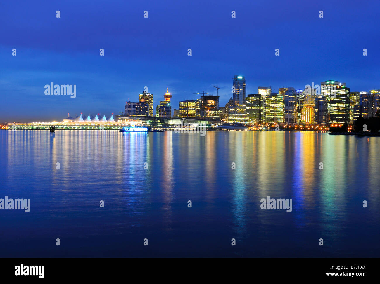Skyline in front of Coral Harbour, at dusk, Vancouver, British Columbia, Canada, North America Stock Photo