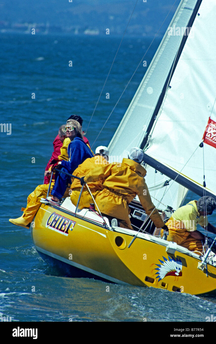 Heeling sail boat crew,San Francisco Bay,California Stock Photo Alamy