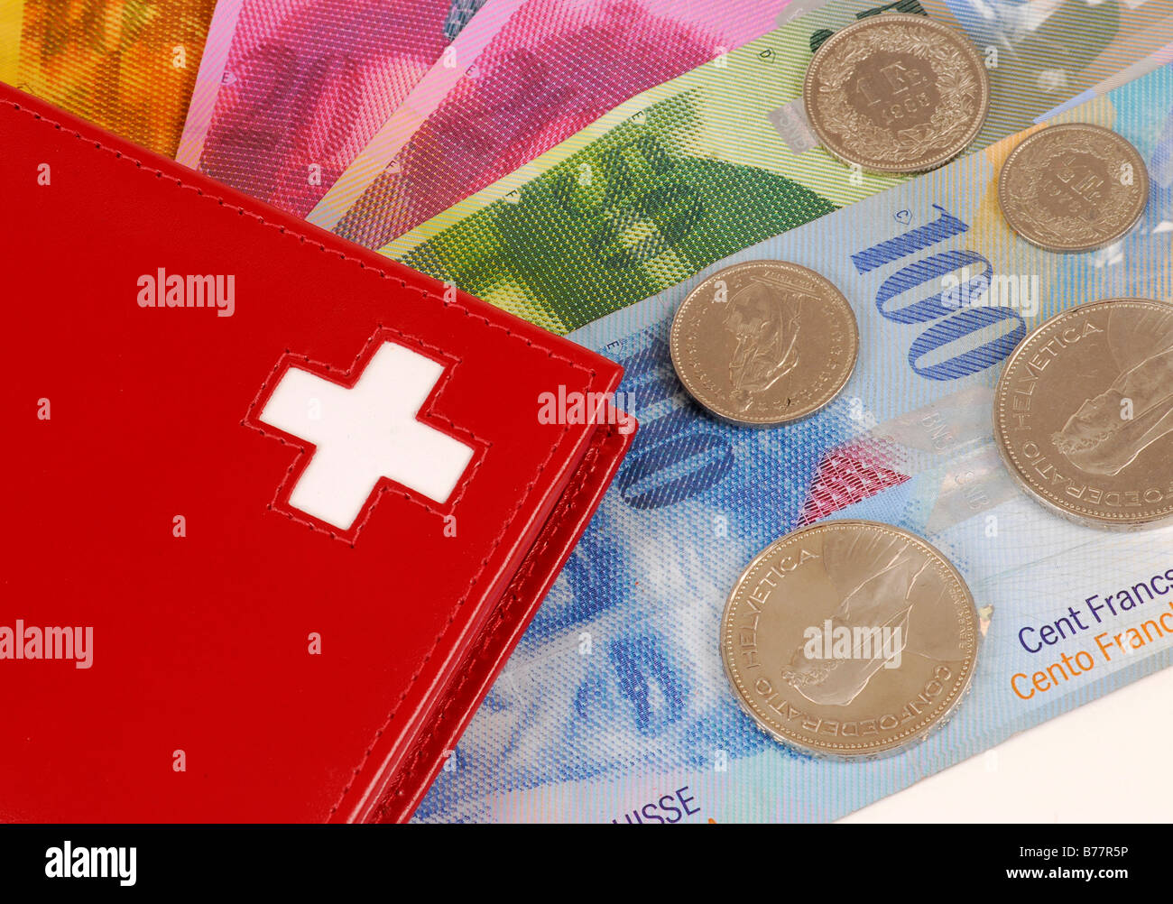 Wallet with the Swiss cross and Swiss Francs Stock Photo